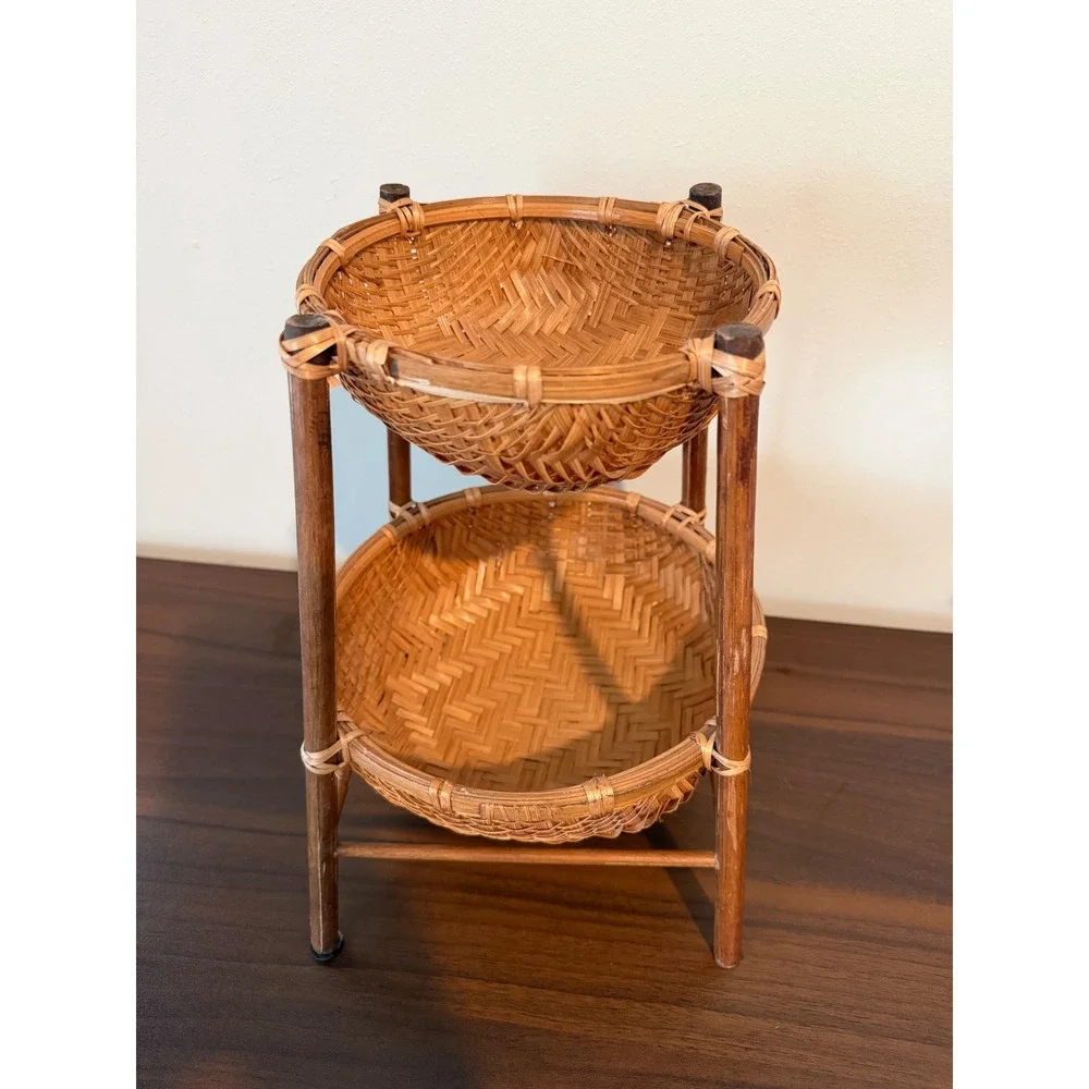 Vintage 2 Tier Woven Bamboo Wicker Basket Natural Boho Countertop Organizer
